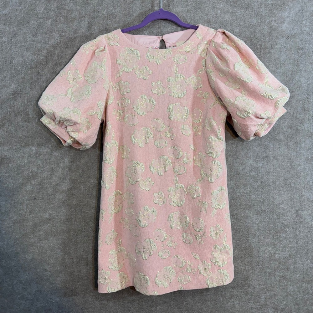 Umgee Mini Dress Womens Medium Pink Metallic Floral Puff Sleeve K9042